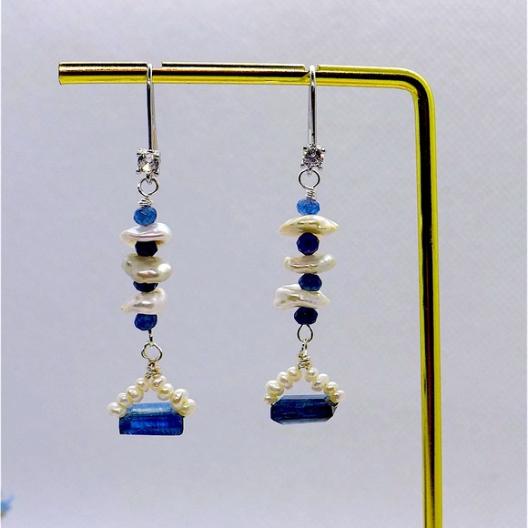 Natural Kyanite & Baroque Pearl Earrings,White Gold Filled Zircon Hook Earrings - Picture 3 of 5